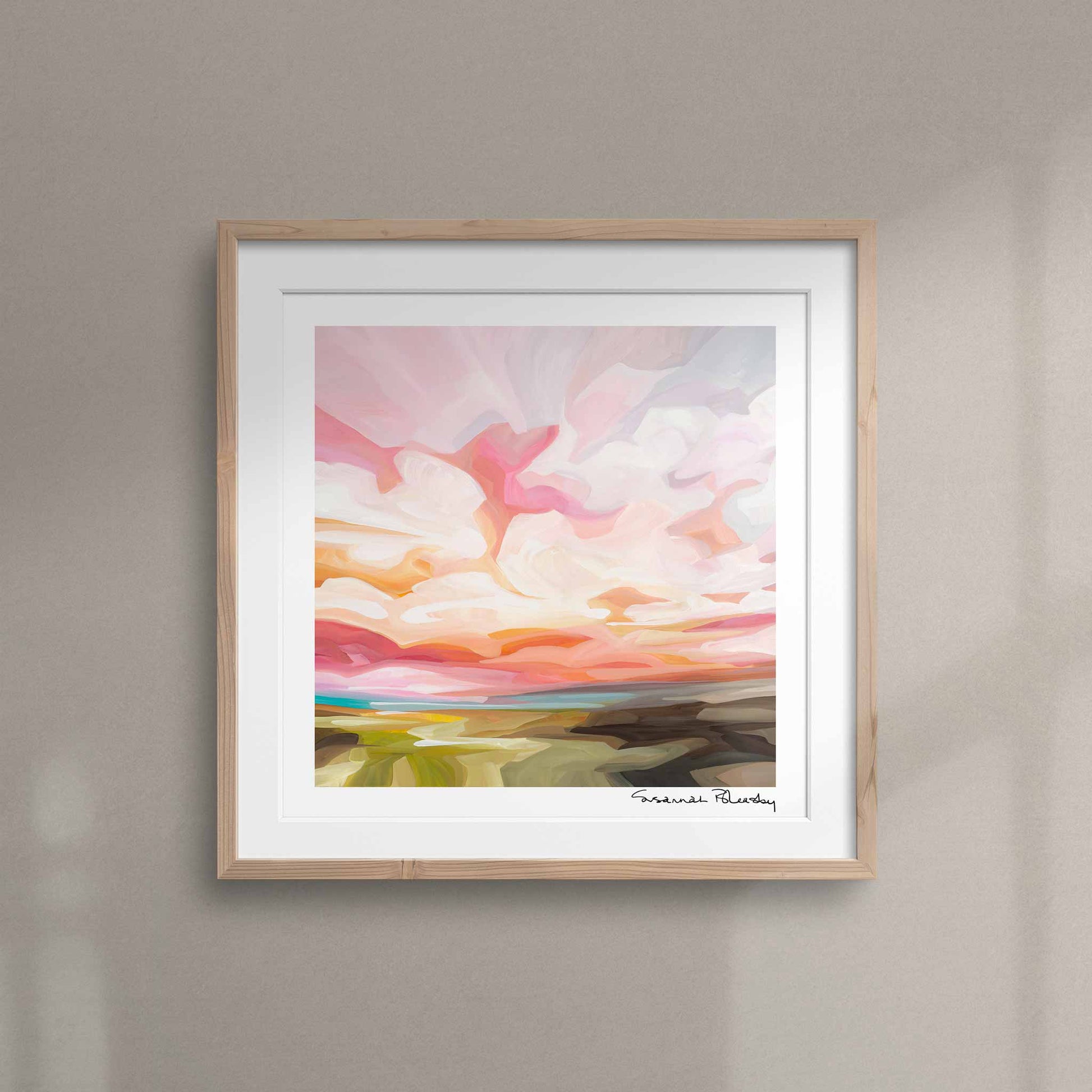 fine art print of peachy pink spring sky painting