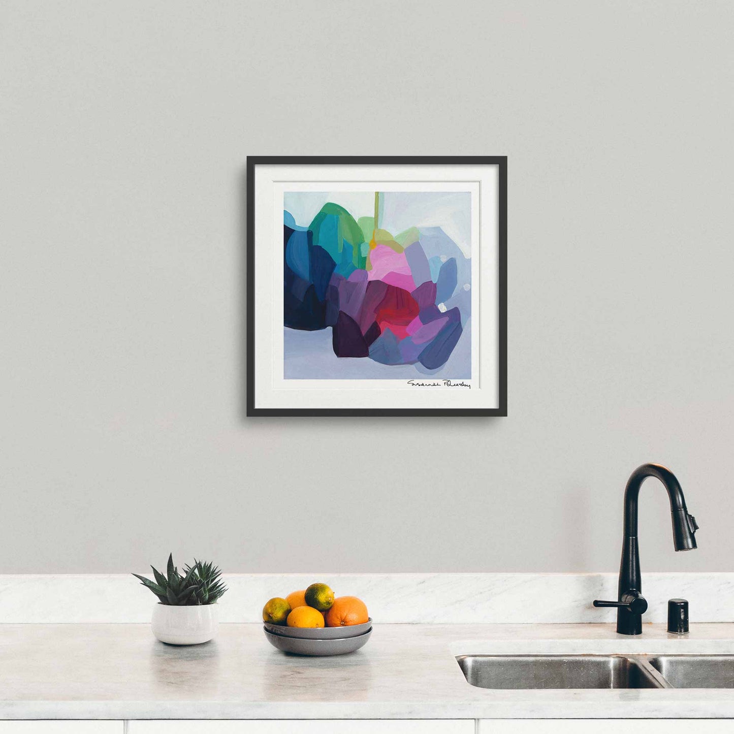 periwinkle abstract wall art print in kitchen