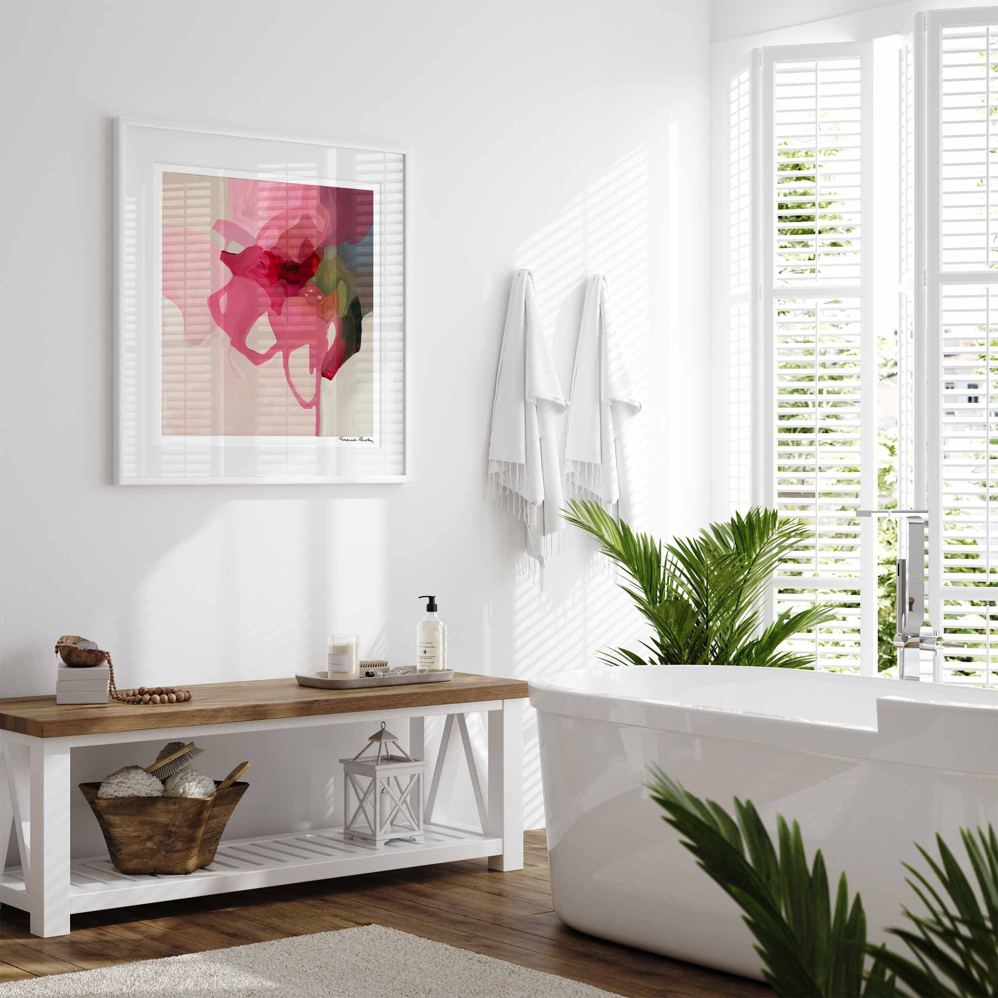 pink abstract art print in bathroom