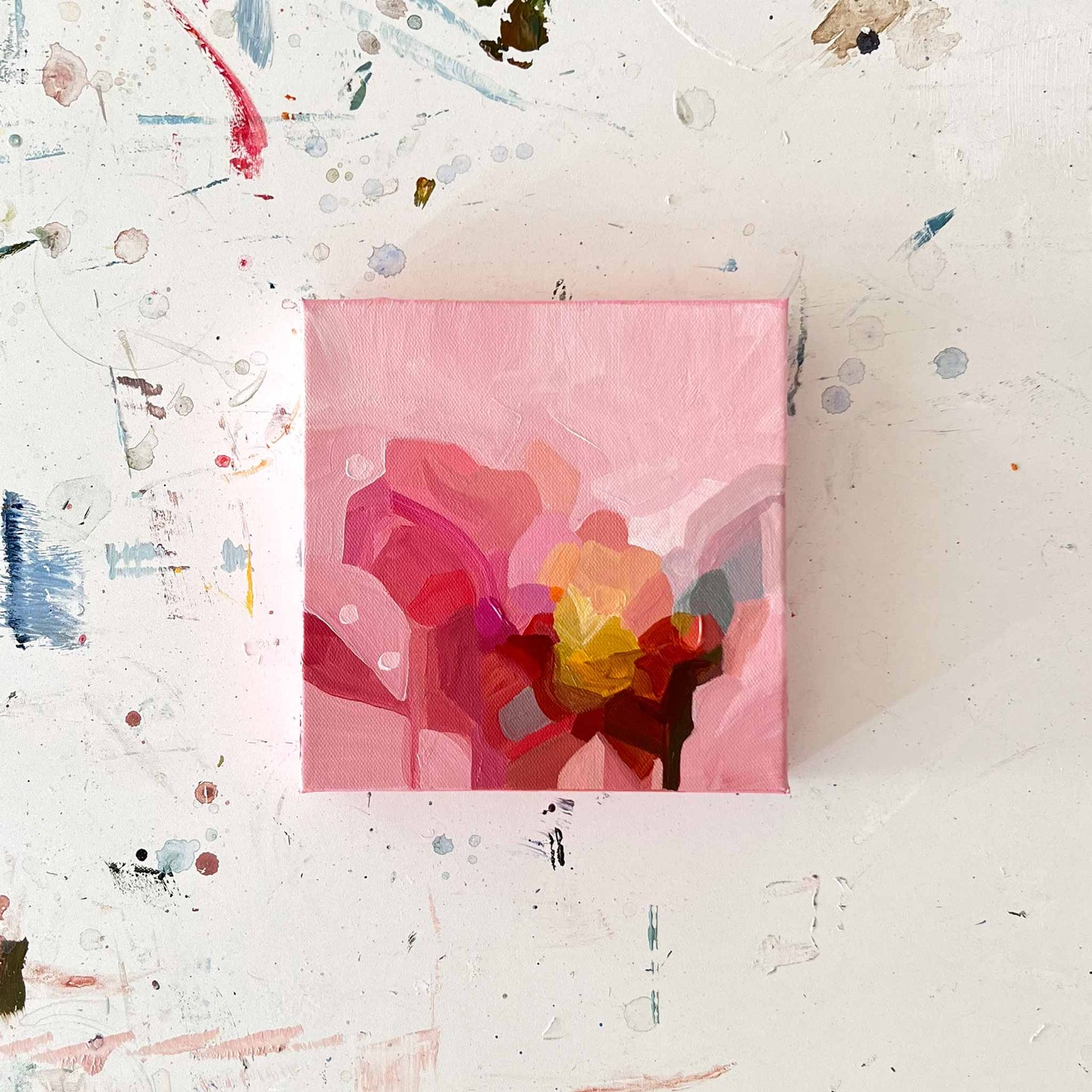 small abstract painting top view of pink abstract wall art by Canadian abstract artist Susannah Bleasby