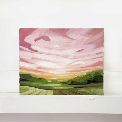 Contemporary abstract oil painting featuring expressive pink skies over a landscape.
