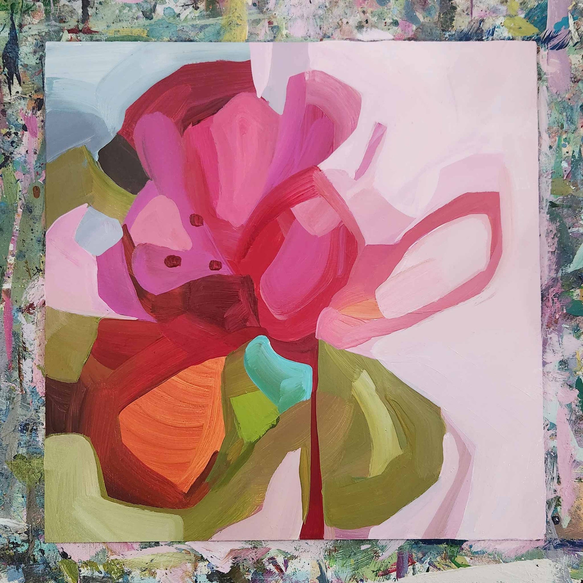 pink floral abstract painting 10x10