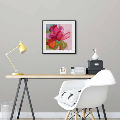 pink floral abstract wall art print over desk