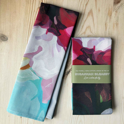 pink floral cotton tea towels from Canadian artist Susannah Bleasby
