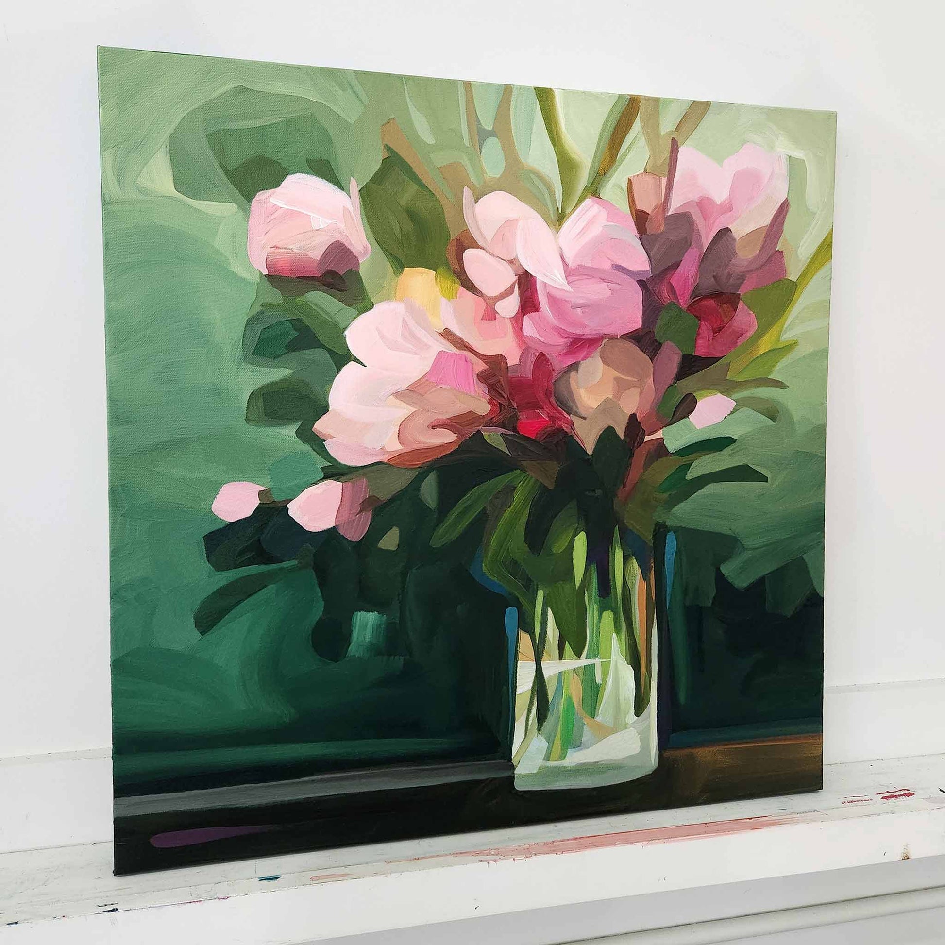 abstract painting of pink flowers in a vase