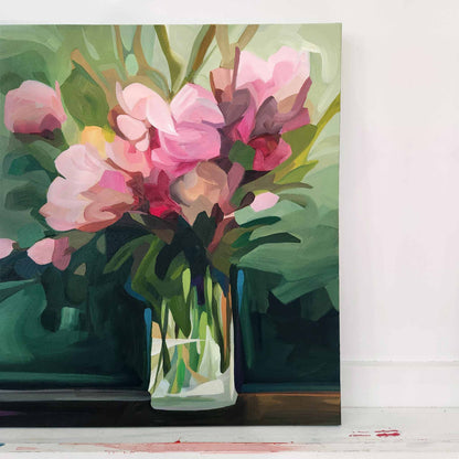 acrylic painting of pink flowers in a vase