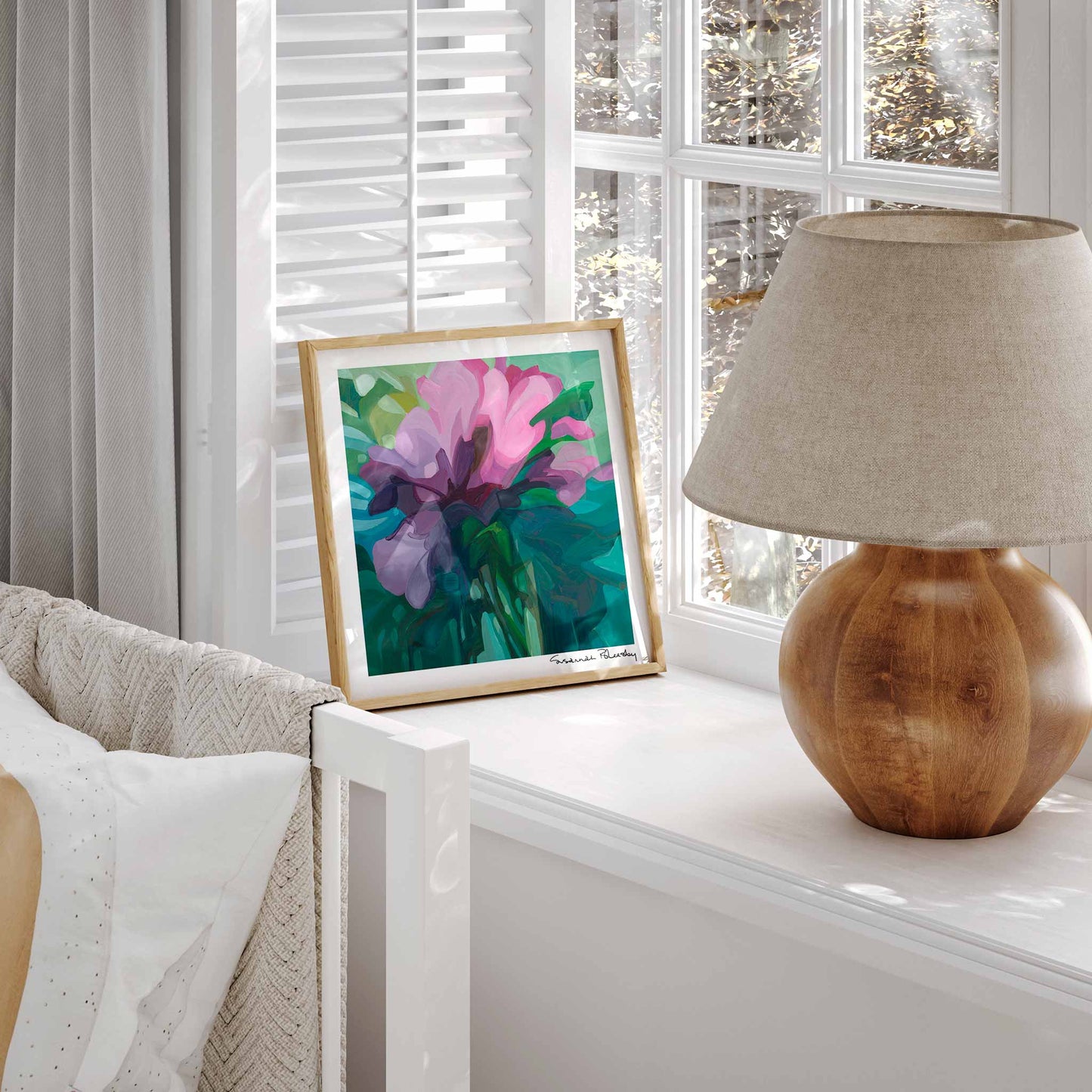 pink mauve abstract flower painting art print framed in window