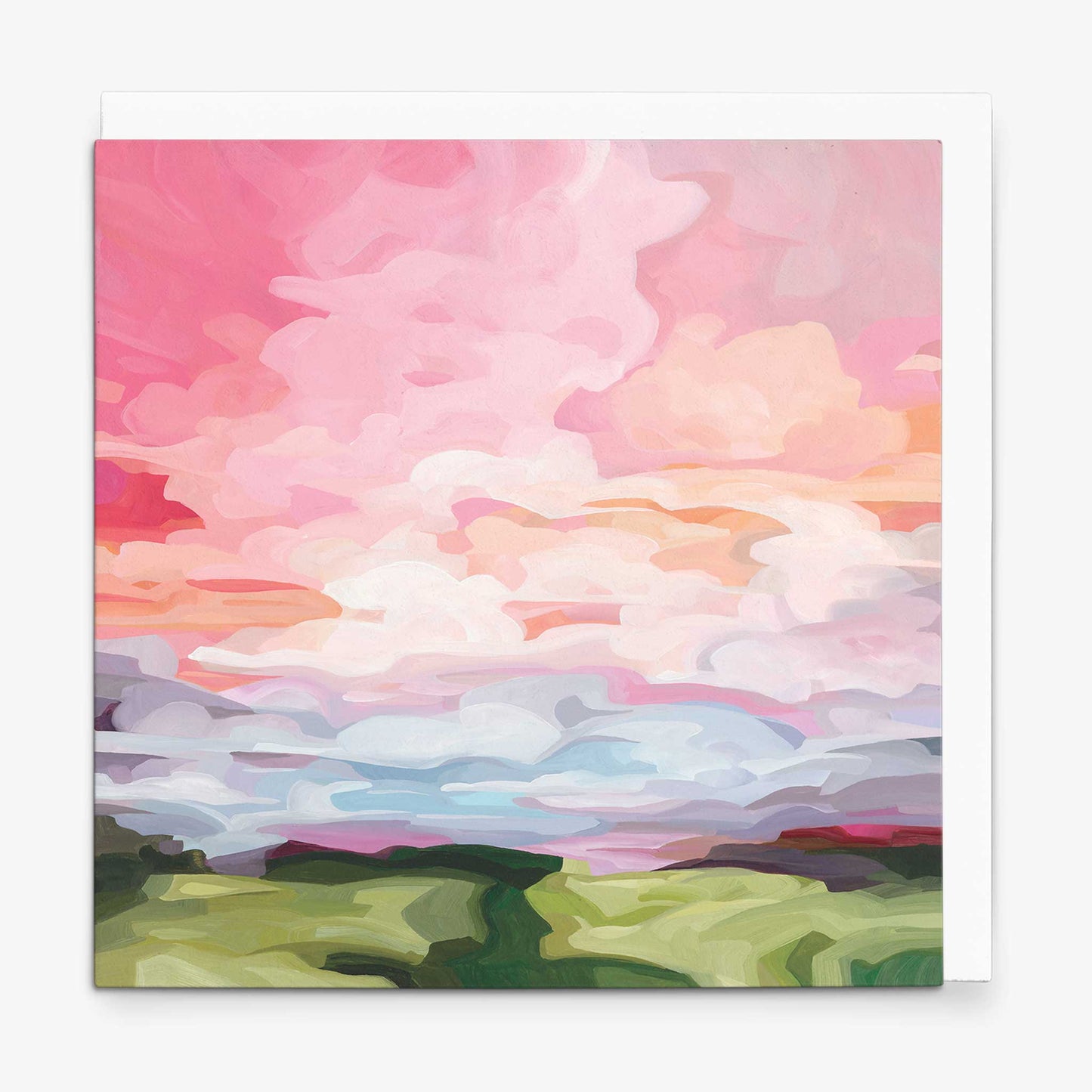 Abstract pink peach sky greeting card featuring dreamy sunrise clouds, pastel landscape painting, and luminous spring morning colours