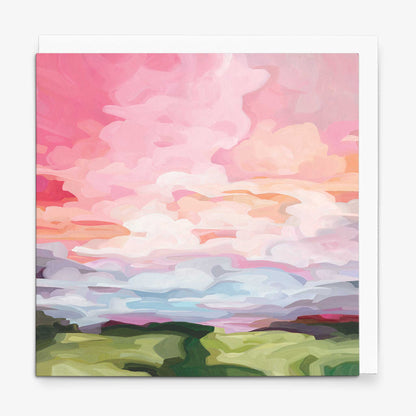 Abstract pink peach sky greeting card featuring dreamy sunrise clouds, pastel landscape painting, and luminous spring morning colours