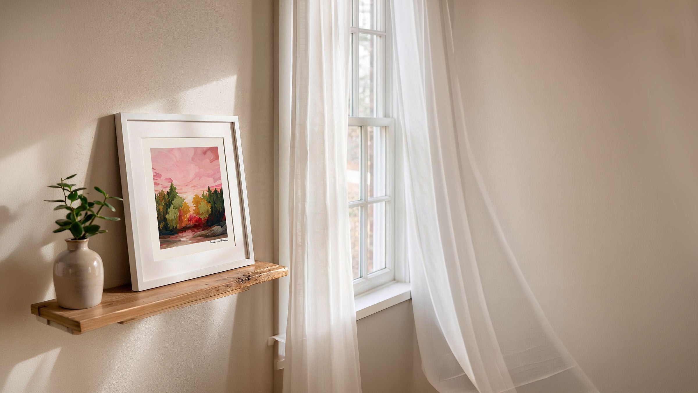 Rosewater pink sky autumn forest landscape art print by Susannah Bleasby