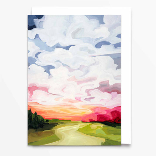 Landscape art card with pink sunrise sky and soft morning light