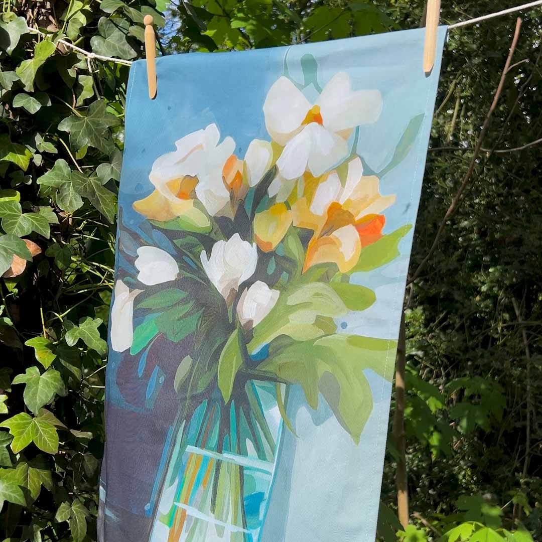 british made cotton tea towel with yellow flowers
