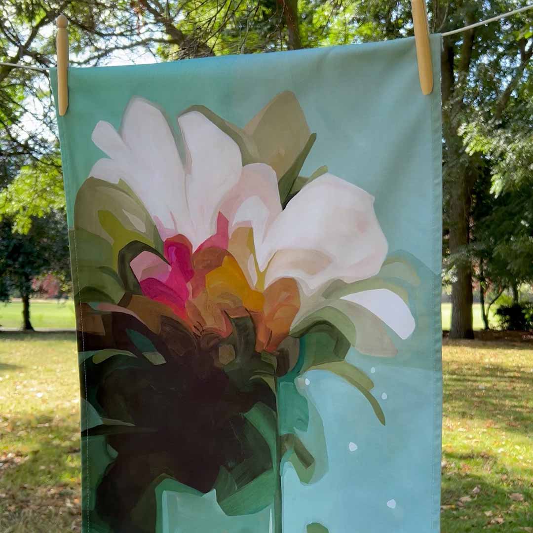 teal floral cotton tea towel
