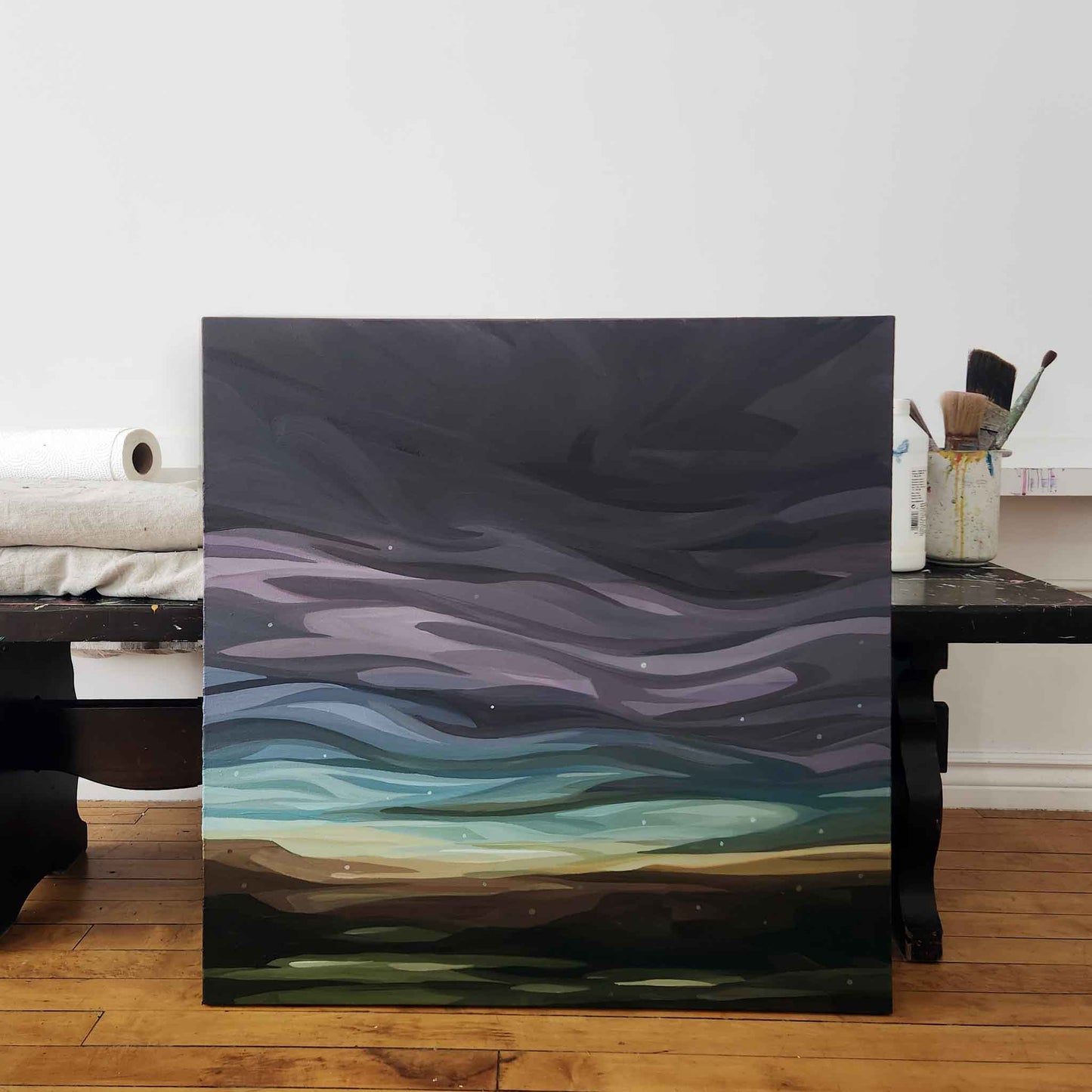 purple evening sky painting in studio 30x30
