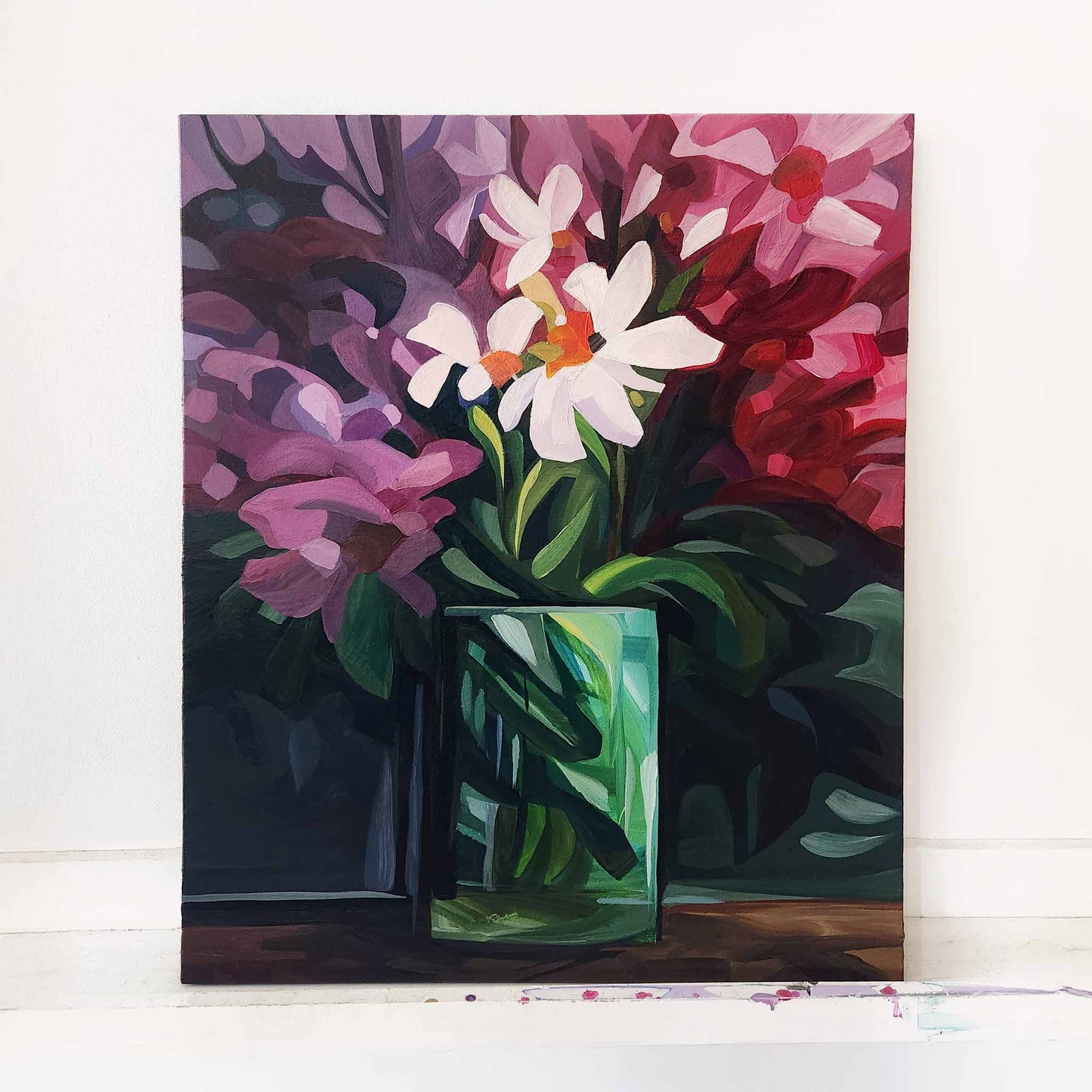 large vertical painting of white flowers against a purple and magenta floral background