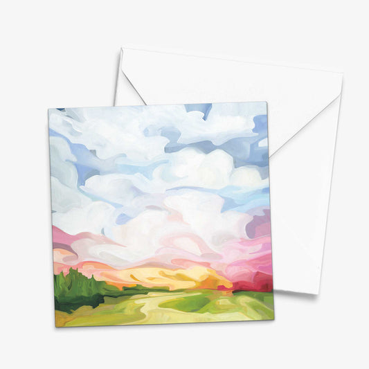 Colourful sky art greeting card inspired by expressive cloud formations, luminous skies, and peaceful abstract landscape painting