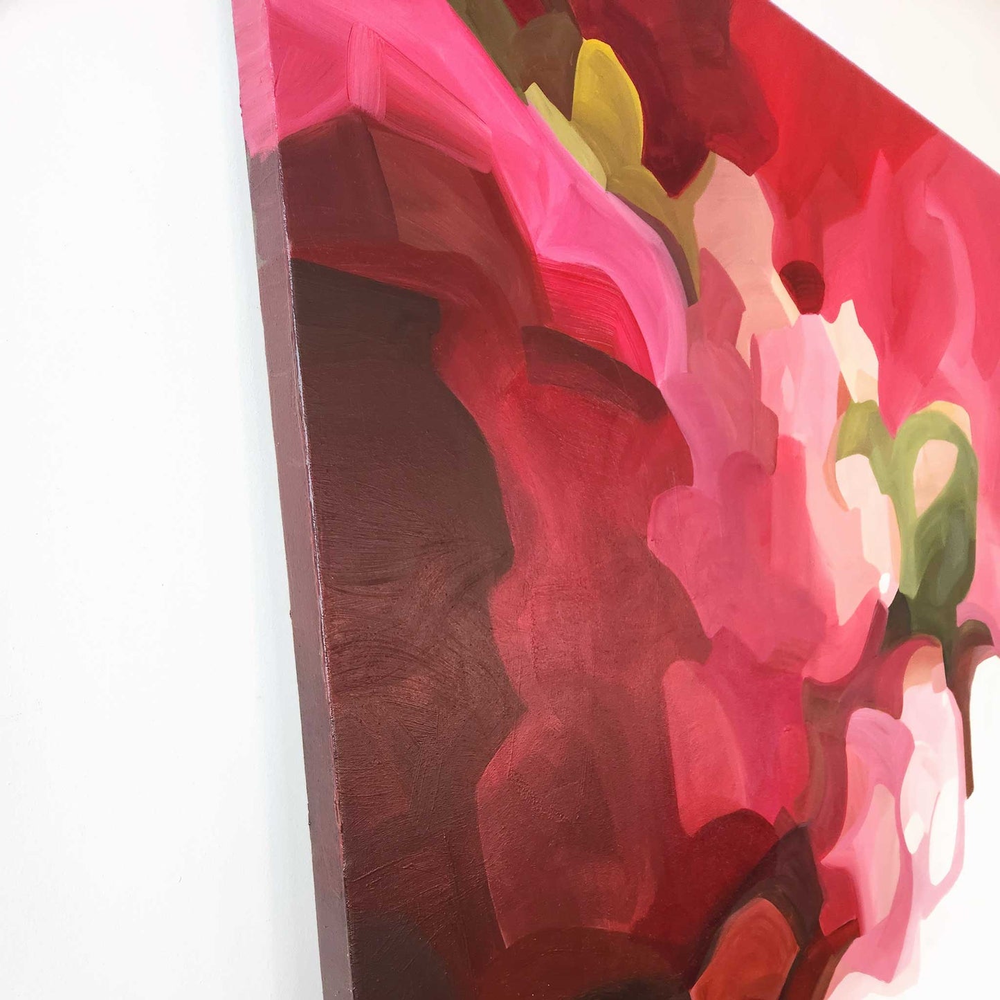 close up side view of oversized ruby red abstract painting by Canadian artist Susannah Bleasby