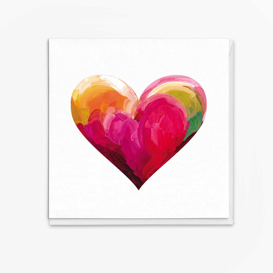 Modern abstract red heart greeting card with layered brushstrokes on a white background