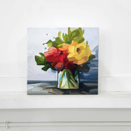 painting of red and yellow flowers in a vase