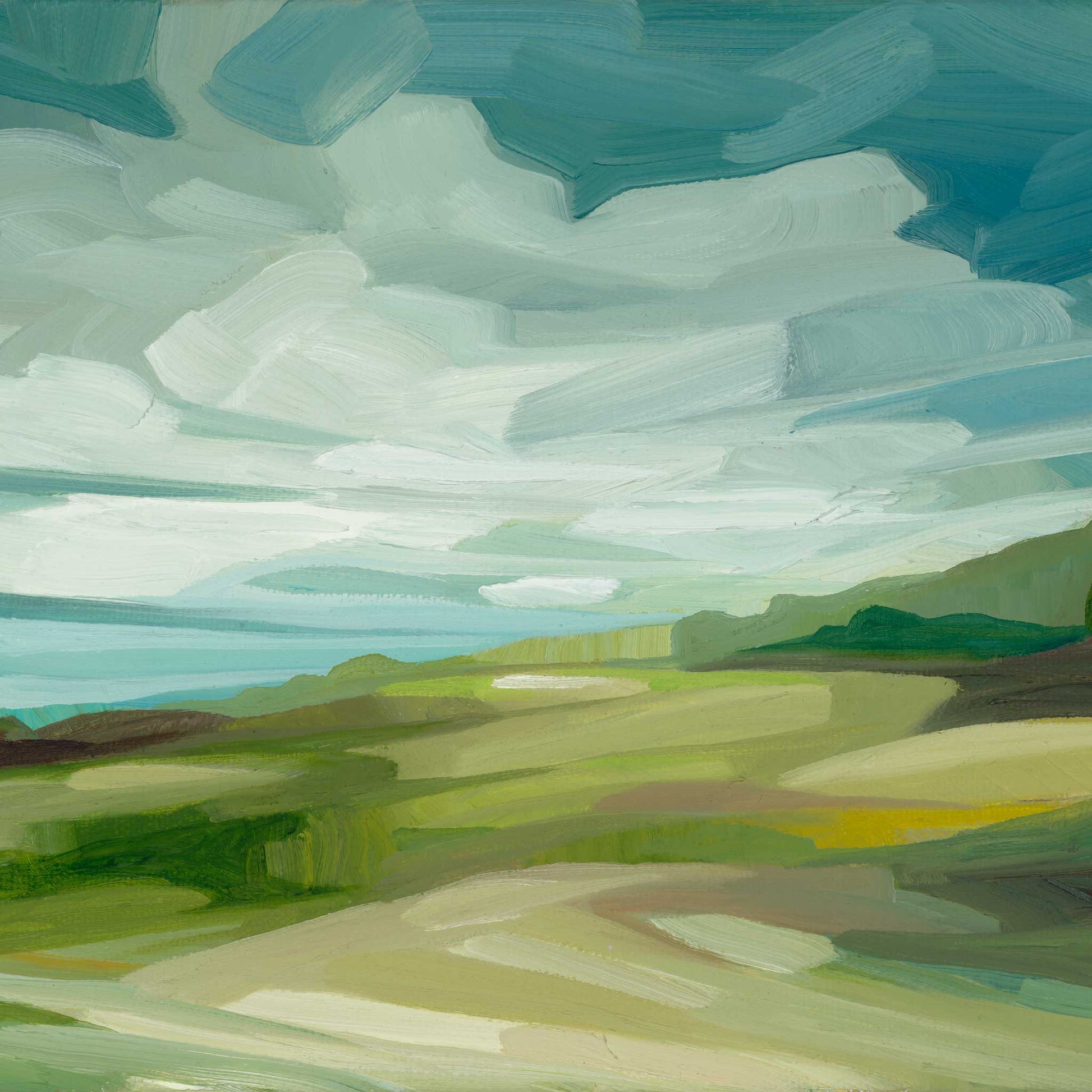 Colourful landscape art print of peaceful rolling countryside beneath shifting clouds and a soft blue sky.