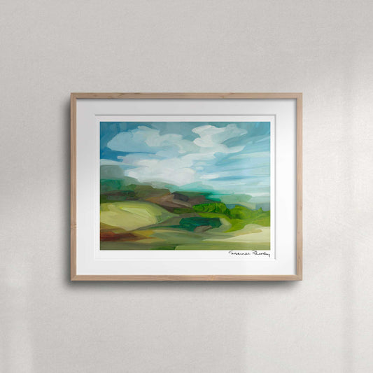 Rolling hills countryside fine art print featuring green hedgerows, rocky ridges and a colourful open landscape