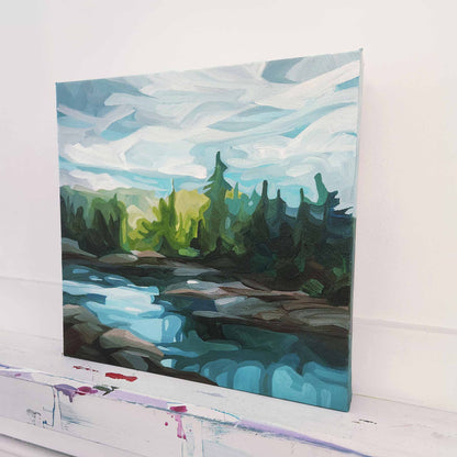 Contemporary nature painting capturing a tranquil lake escape