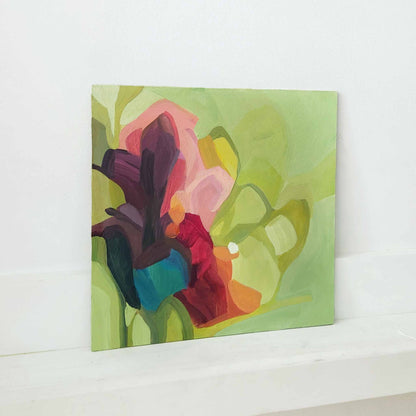 abstract green floral painting on ledge