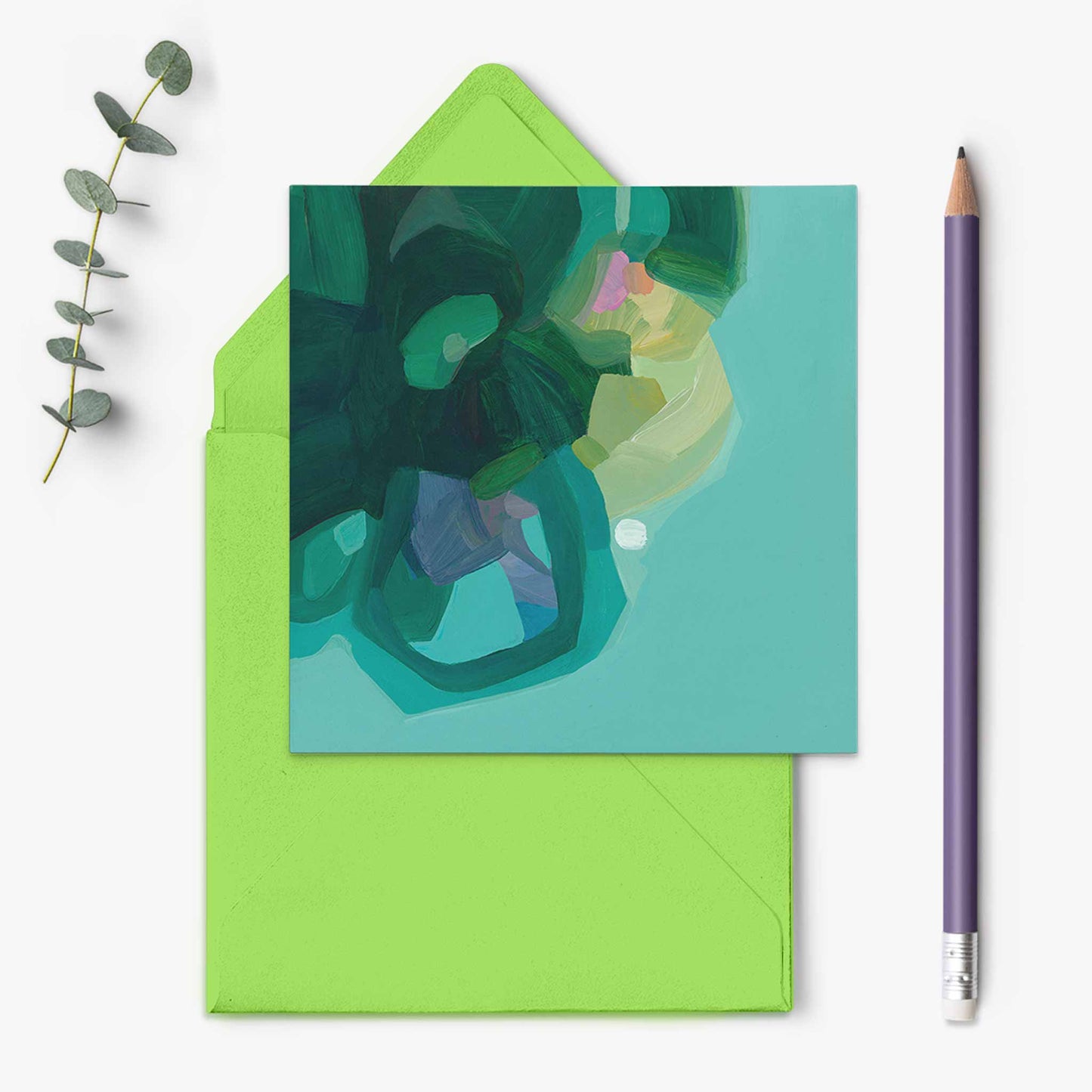 small green floral abstract art card uk