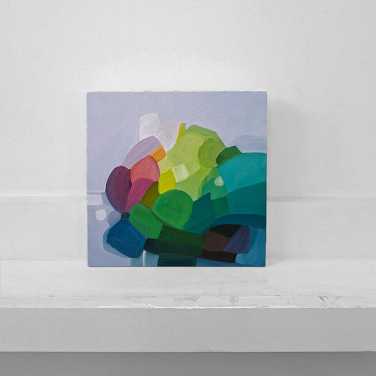 mauve and green abstract oil painting with imaginative shapes and a dreamline composition