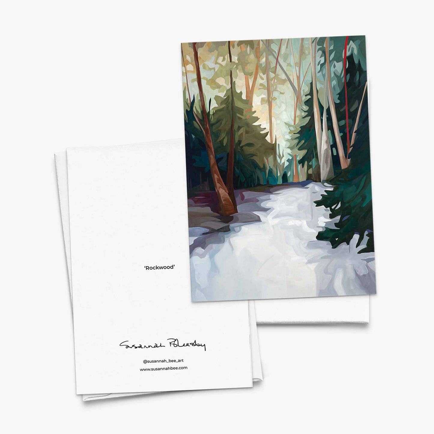 Fine art greeting card featuring snowy woodland in winter
