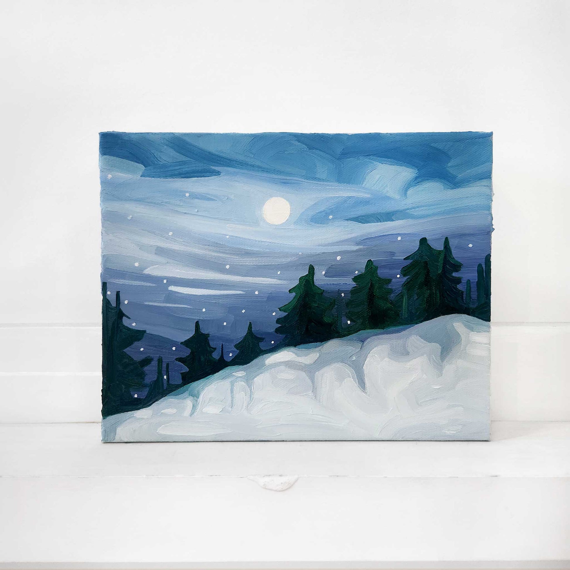 Original oil painting of a snowy forest landscape in winter.