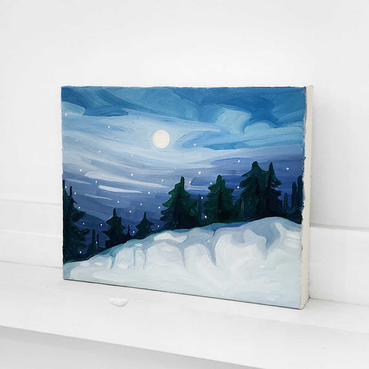 Original oil painting of a snow-covered forest in a peaceful winter landscape.