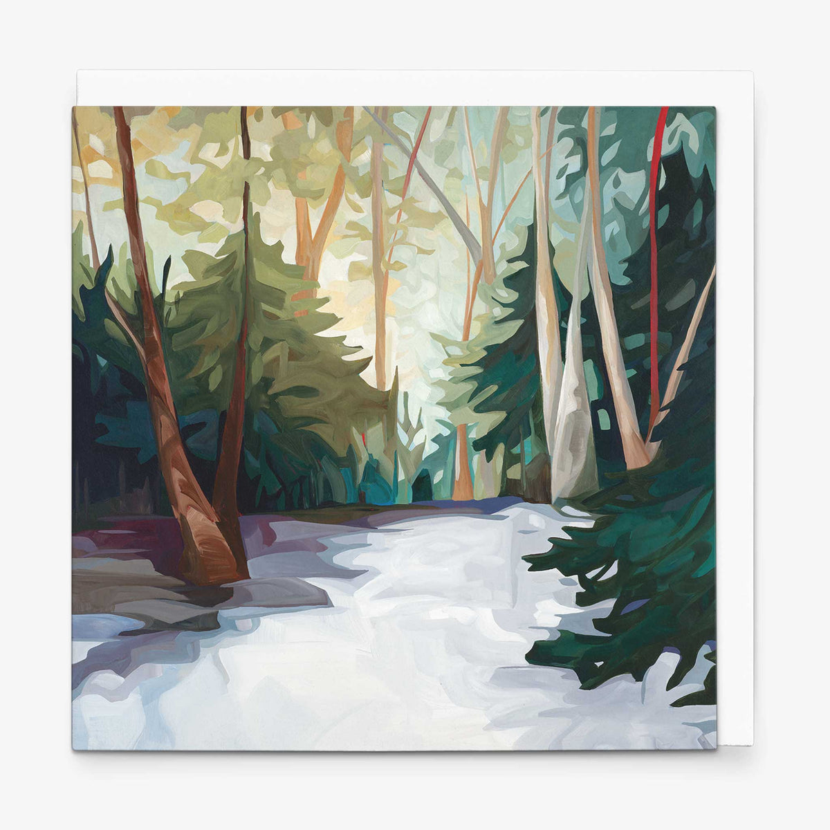 Square landscape greeting card with snowy forest scene and warm winter sunlight