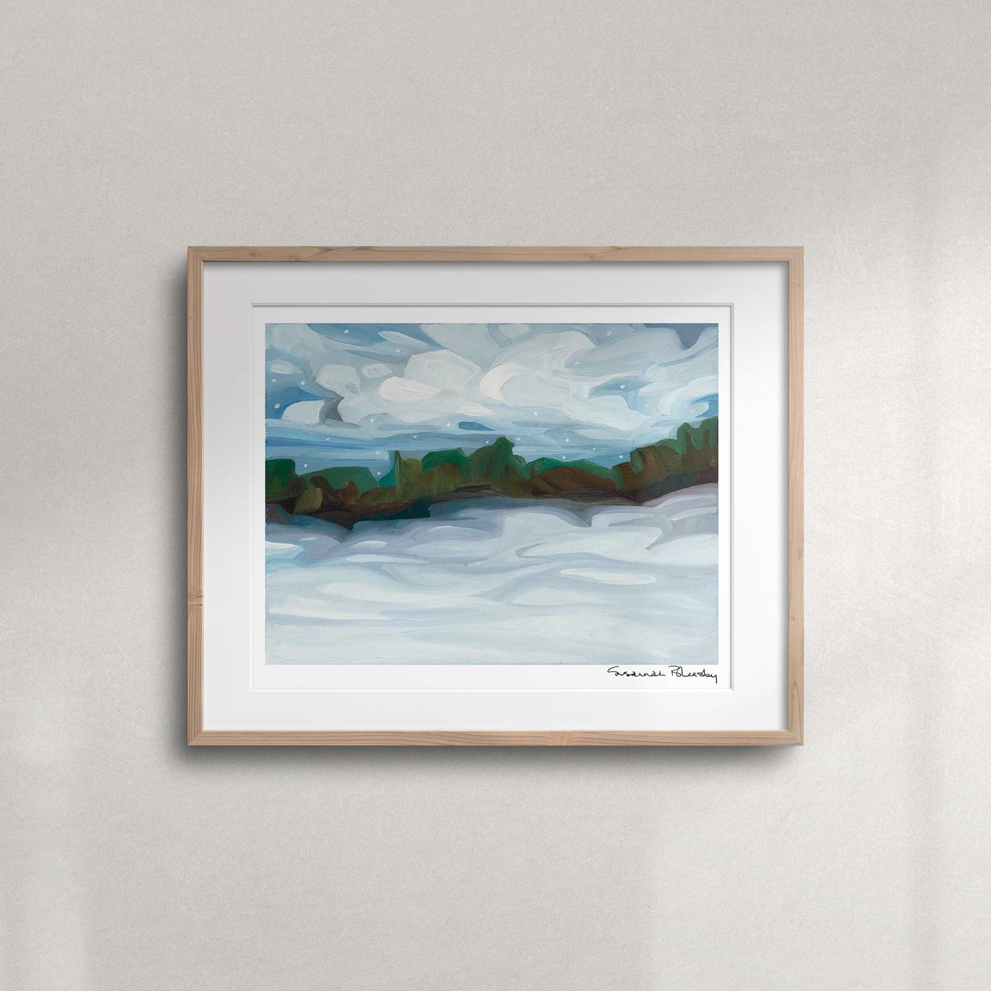Snowy winter landscape fine art print featuring soft blue and mauve shadows, falling snow and a peaceful cloud-filled sky