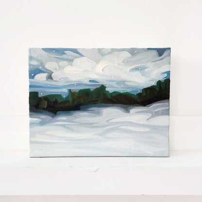 Original oil painting of a snowy winter landscape with soft light and fresh snowfall.