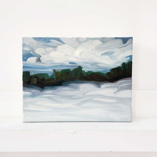 Original oil painting of a snowy winter landscape with soft light and fresh snowfall.