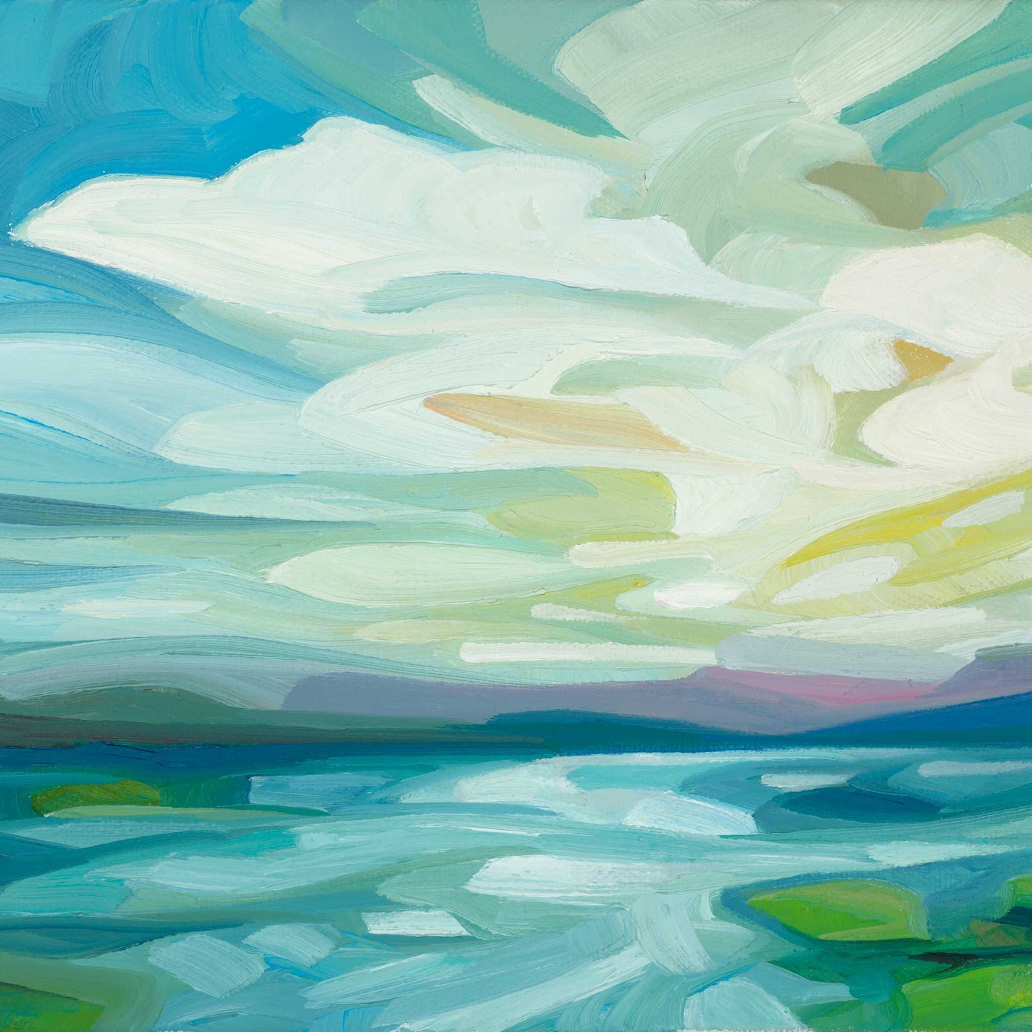 Colourful lakeside landscape art print with fresh spring tones, dappled water and layers of soft clouds