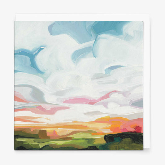 Contemporary spring sky greeting card featuring glowing sunrise colours, expressive clouds, and peaceful abstract landscape artwork