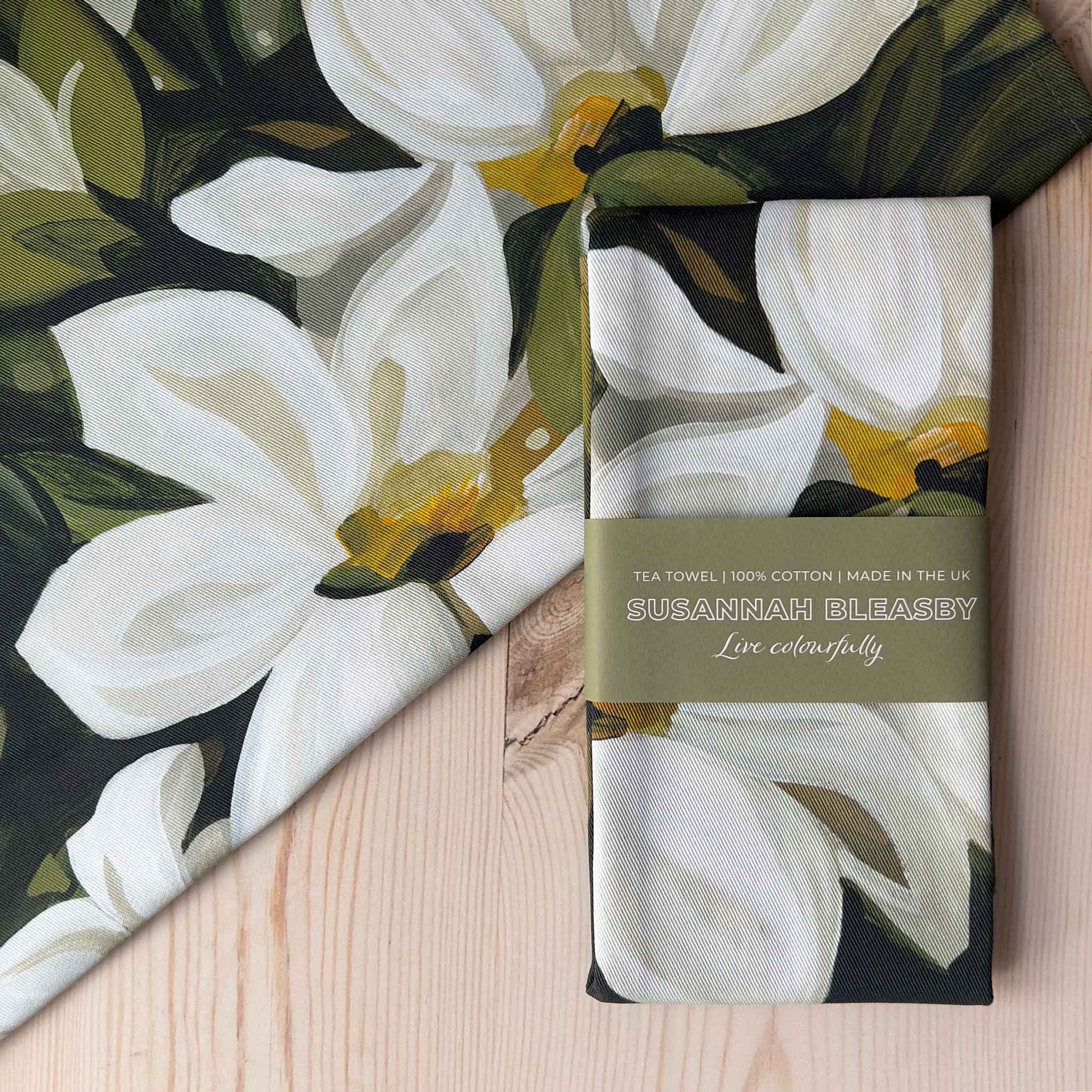 cotton tea towel with floral design from Canadian artist Susannah Bleasby