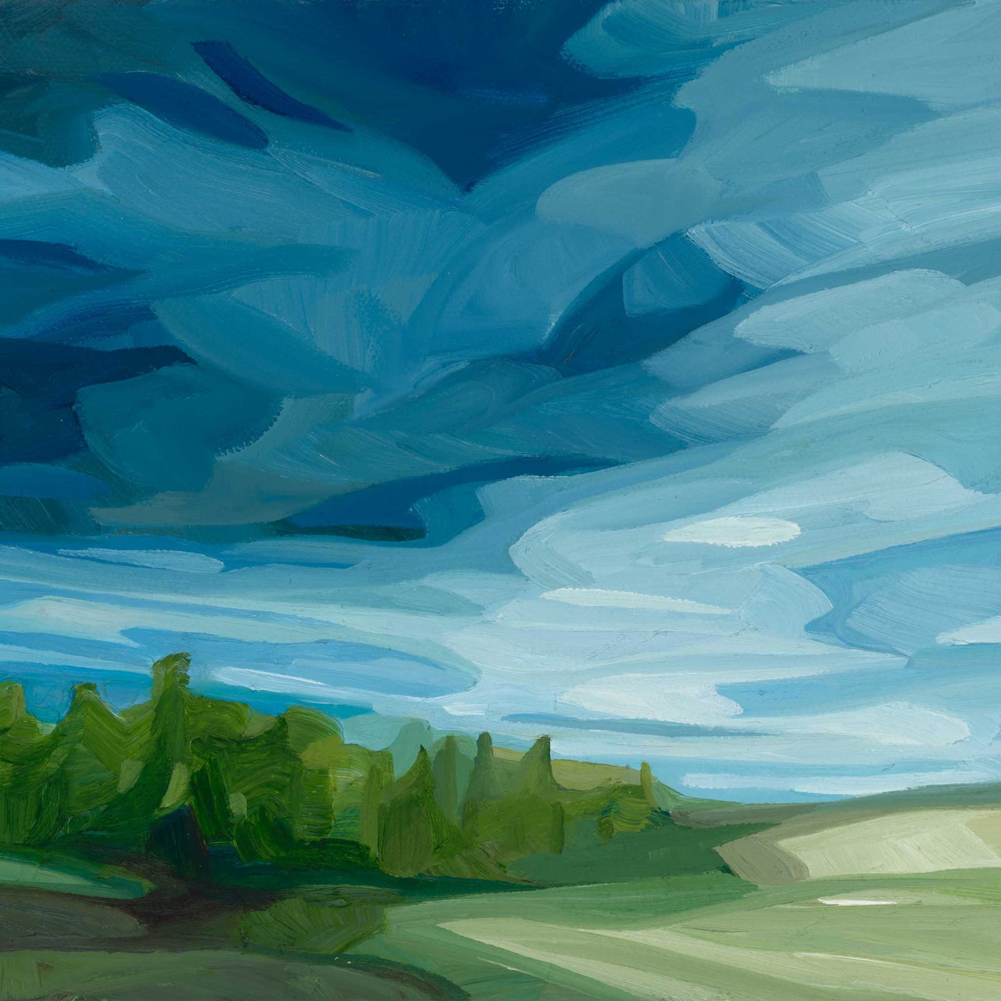Countryside landscape art print inspired by an approaching rainstorm with dramatic clouds and a moody sky.