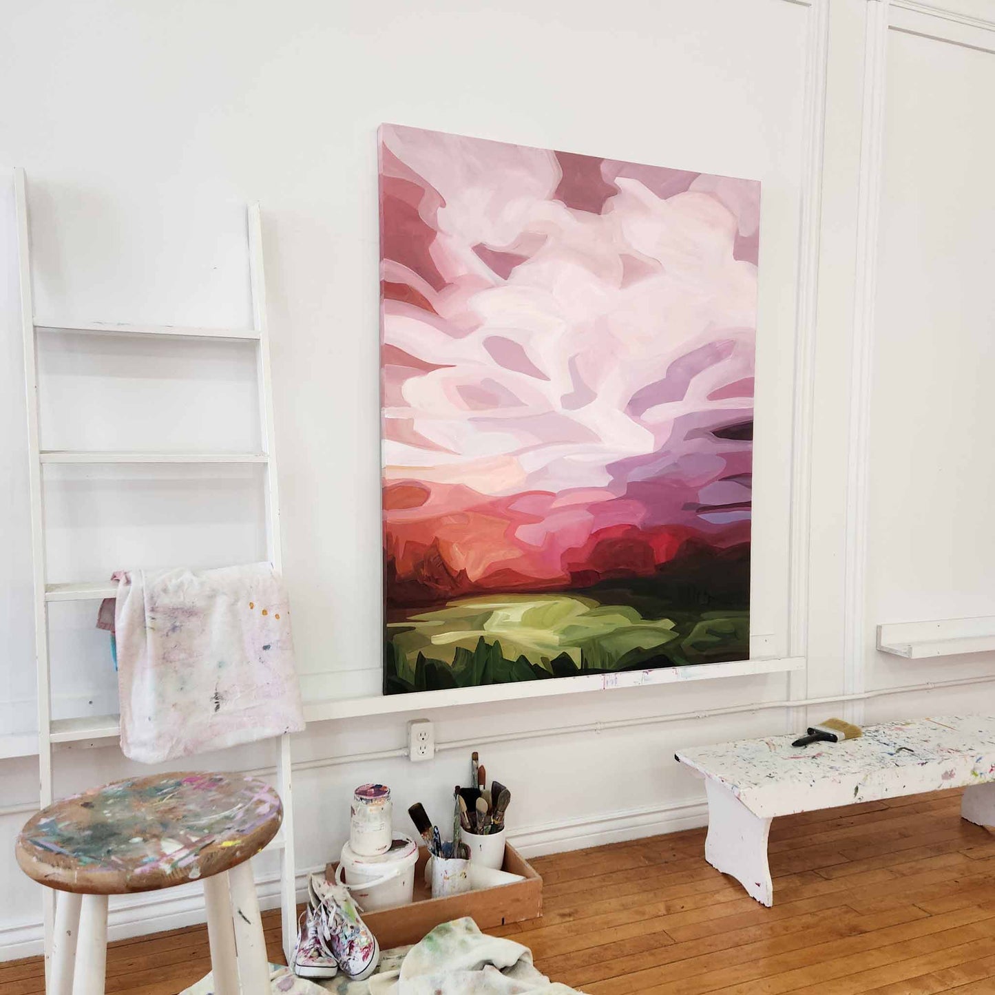 strawberry pink sky painting in studio