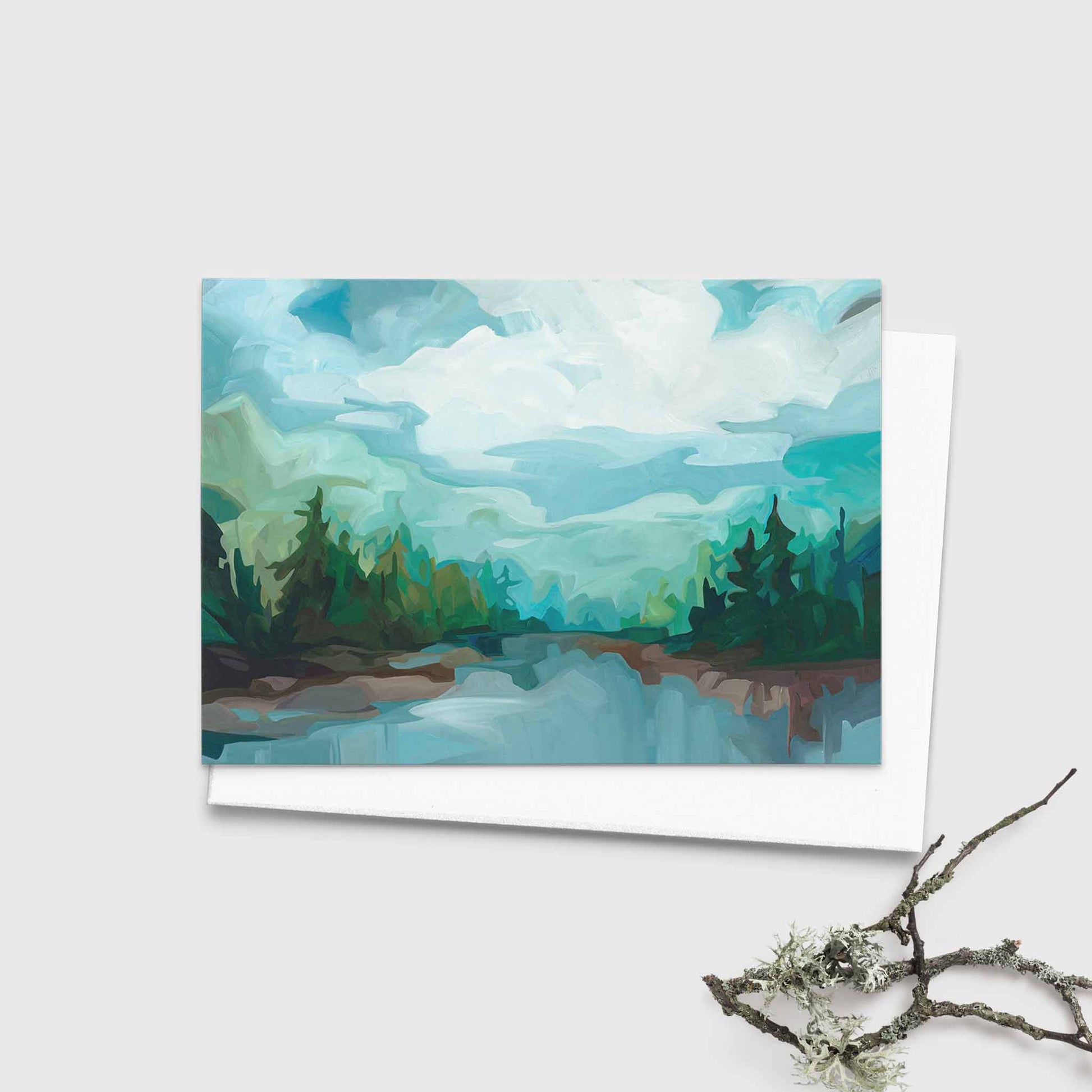 Blank greeting card inspired by calm forest and lakeside scene