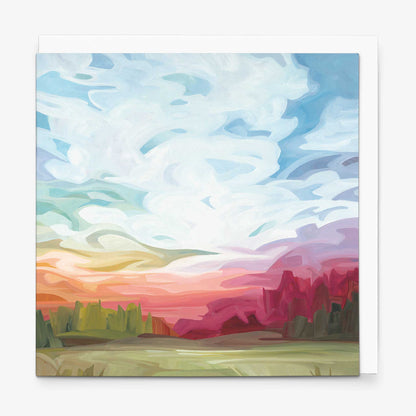 Contemporary abstract sky greeting card featuring colourful sunset skies, glowing horizon light, and expressive summer landscape artwork
