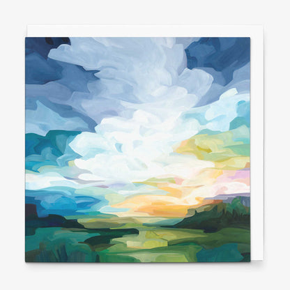 Abstract landscape art card featuring rolling green hills beneath a glowing sunrise sky