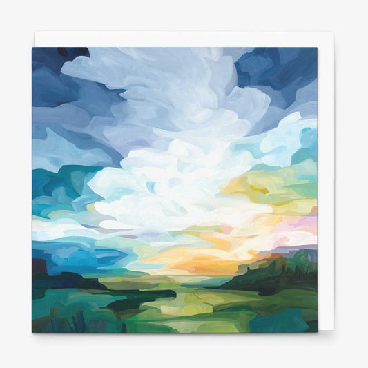 Abstract landscape art card featuring rolling green hills beneath a glowing sunrise sky