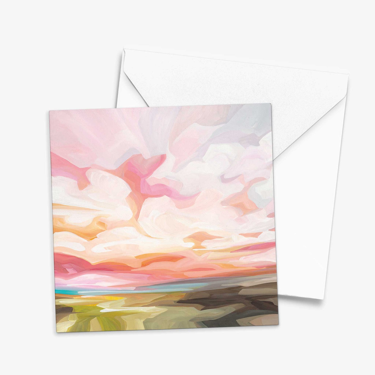 Abstract sky art greeting card featuring radiant sunrise colours, expressive clouds, and hopeful spring morning atmosphere