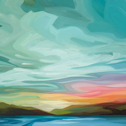 sunset painting wall art print with teal sky