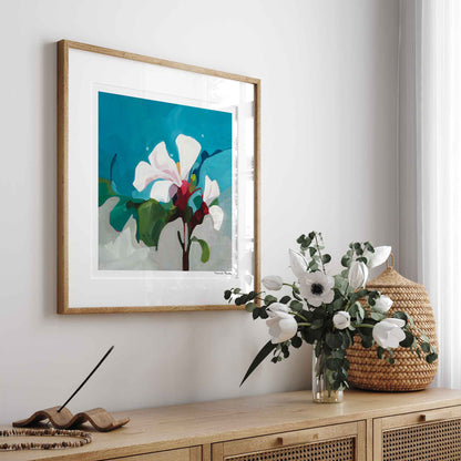teal abstract floral art print 24x24