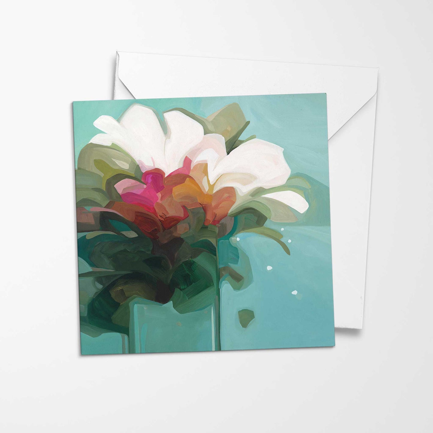 teal abstract flower art card