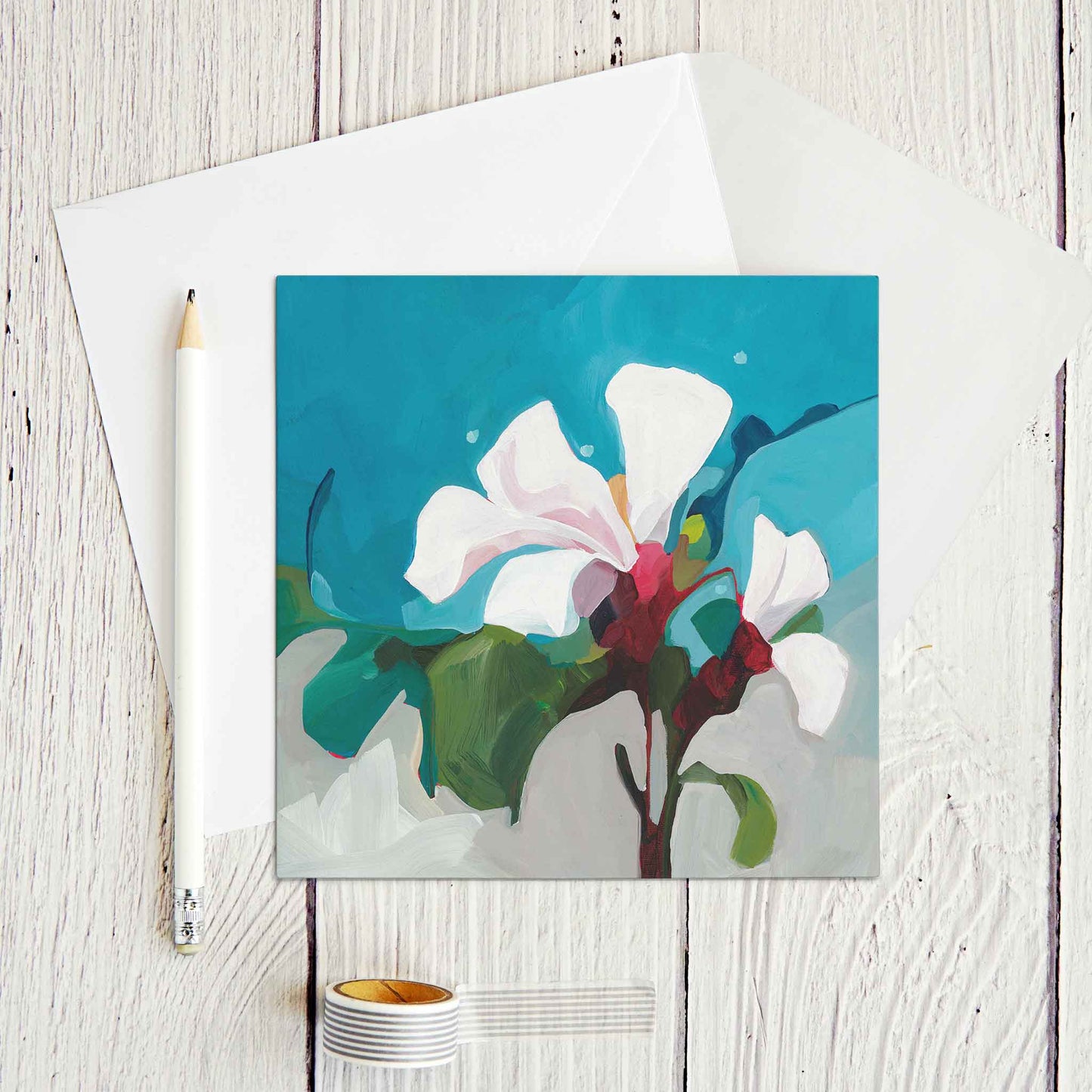 teal blank floral greeting card